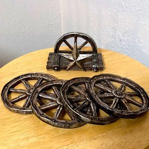 Wagon Wheel Western Coasters Set Belt Spokes Rustic Farm Decor Pioneer Antique